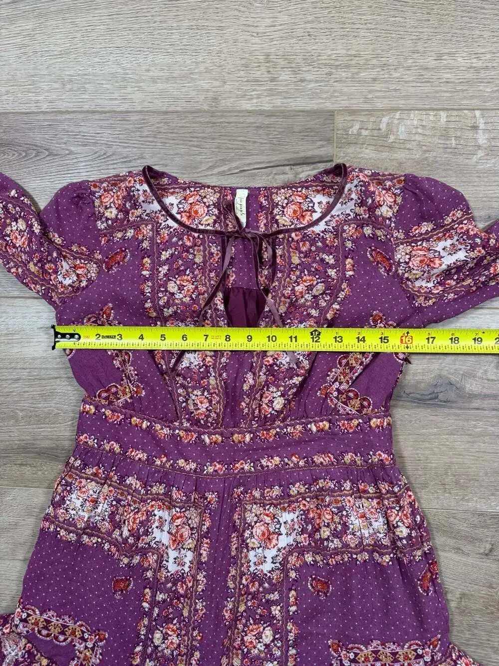 Free People Floral Boho Mini Dress Purple Long Sleeve Tie Neck XS